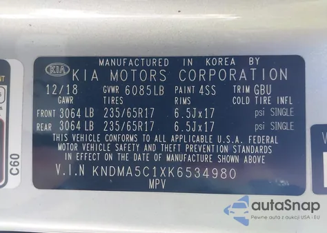 2019 Kia Sedona L z USA, uszkodzony, nr VIN KNDMA5C1XK6534980